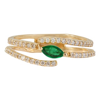 Handmade 14k Yellow Gold Marquise Emerald & Diamond Open Sprial Ring Size 4 For Sale