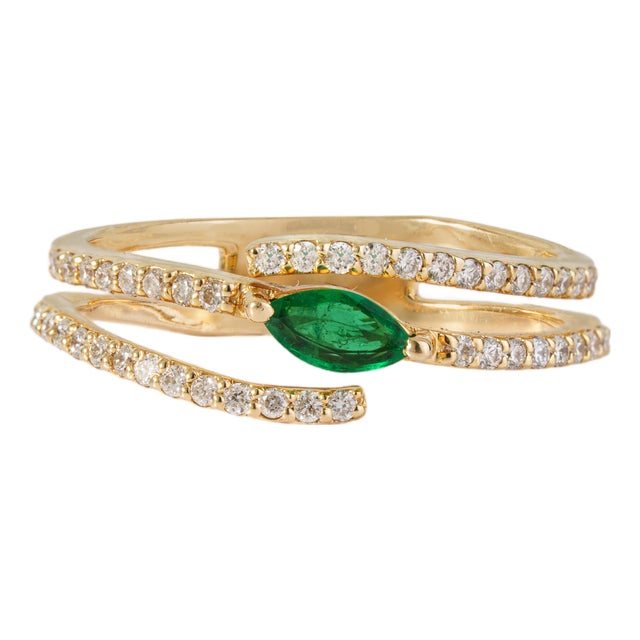 Handmade 14k Yellow Gold Marquise Emerald & Diamond Open Sprial Ring Size 4 For Sale