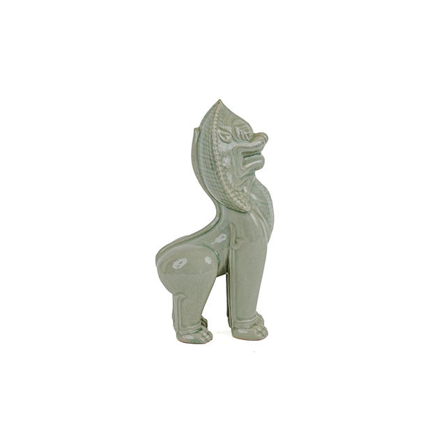 Ceramic Vintage Thai Singha Lion Foo Dog Statues in Celadon For Sale - Image 7 of 12