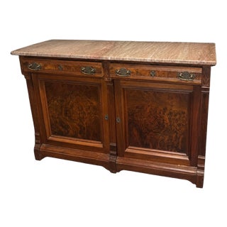 Antique Victorian Marble Top Walnut Burl Sideboard Buffet Cabinet Credenza For Sale