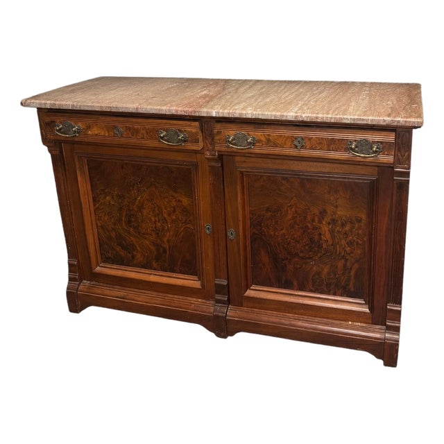 Antique Victorian Marble Top Walnut Burl Sideboard Buffet Cabinet Credenza For Sale