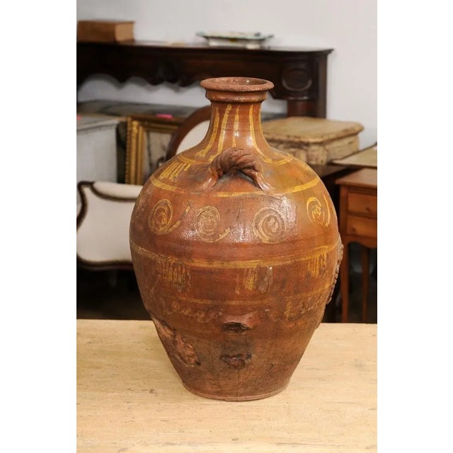 Ceramic 17th Century Italian Terracotta Olive Oil Jar with Yellow Glazed Spiraling Décor For Sale - Image 7 of 13