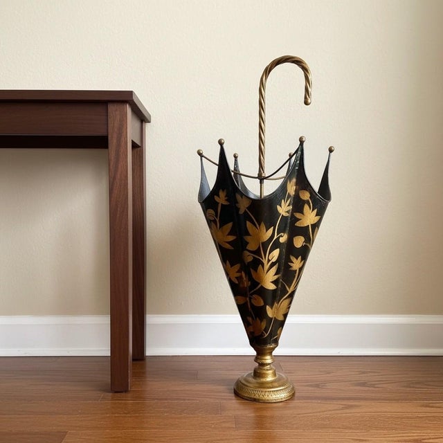 Vintage Italian Toleware Umbrella Stand-Black-Gold-Floral-Metal-Holder-Cane For Sale - Image 10 of 10