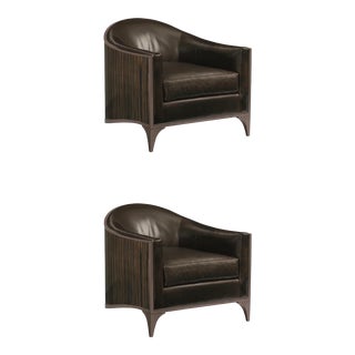 Contemporary Caracole Signature Art Deco Inspired Chocolate Brown Leather Svelte Club Chairs - a Pair For Sale