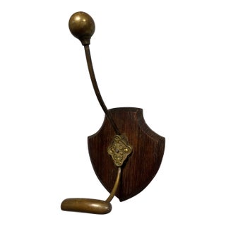 Vintage Wood and Brass Wall Mounted Hall Tree Hook for Hat and Coat For Sale