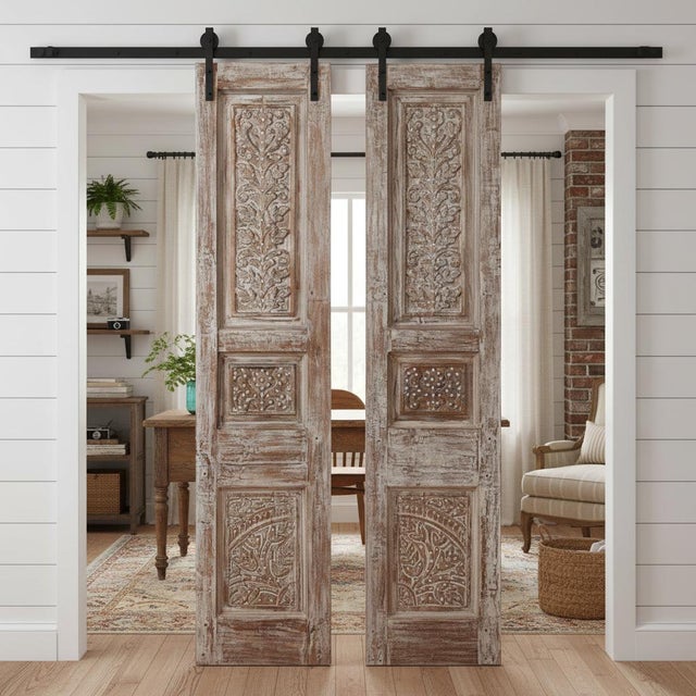 Wood Antique Carved Wood Doors With Metal Accents – Vintage Hinged or Sliding Barn Door 80x36 For Sale - Image 7 of 7