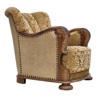 Danish Relax Armchair in Furniture Velour and Carved Oak Wood, 1950s For Sale