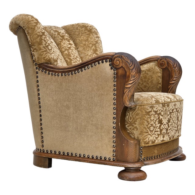 Danish Relax Armchair in Furniture Velour and Carved Oak Wood, 1950s For Sale