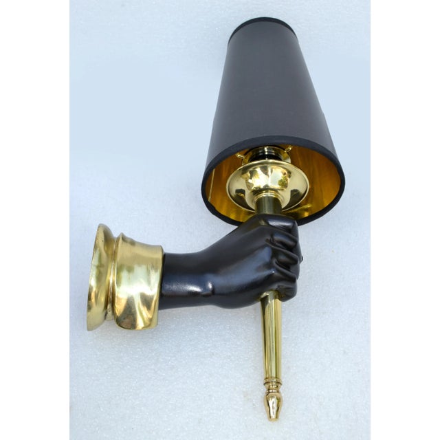 Metal Andre Arbus Bronze Sconces Black Finish Hand Holding Light, Wall Lamp 1950 Pair For Sale - Image 7 of 13
