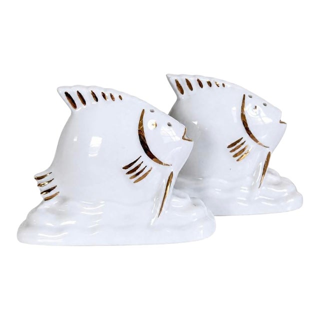 Limoges France Vintage Porcelain Fish Gold Trim Salt and Pepper Shaker Set For Sale