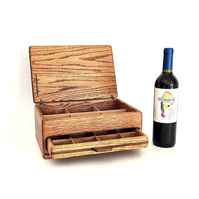 Wood 1970s American Craftsman Oak Wood Jewelry Box With Drawer For Sale - Image 7 of 16