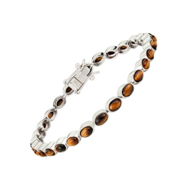 Gemstone Retro Tiger’s Eye Tennis Bracelet in Sterling Silver for Her For Sale - Image 7 of 13