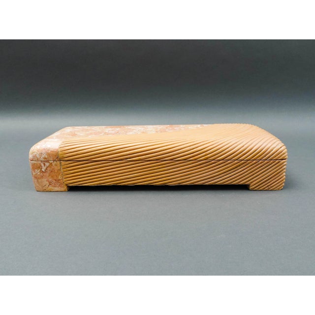 Maitland Smith Vintage Rattan Tessellated Stone Jewelry Storage Dresser Box. Measures approximately 16" long, 6" wide, 3...