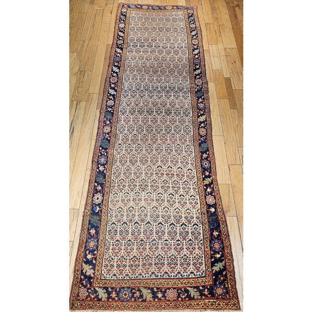 19th Century Persian Bidjar Wide Runner, Hand-Knotted Wool, Allover Paisley Pattern, Ivory & Navy, 4x14 For Sale - Image 10 of 18