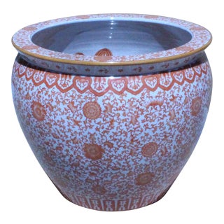 Chinese Oriental Vintage Porcelain Orange Floral Graphic Pot Large For Sale