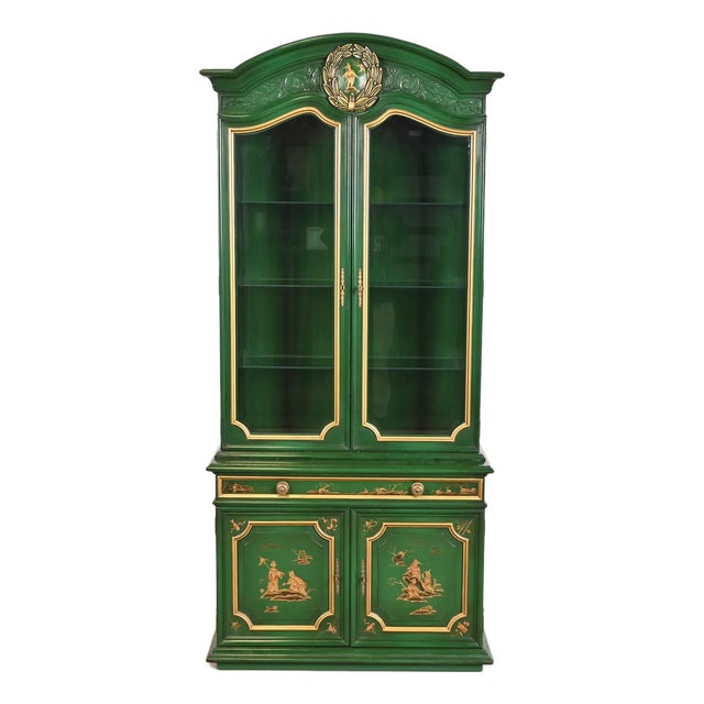 Karges French Regency Louis XVI Chinoiserie Green Lacquered Lighted Breakfront Bookcase Cabinet For Sale