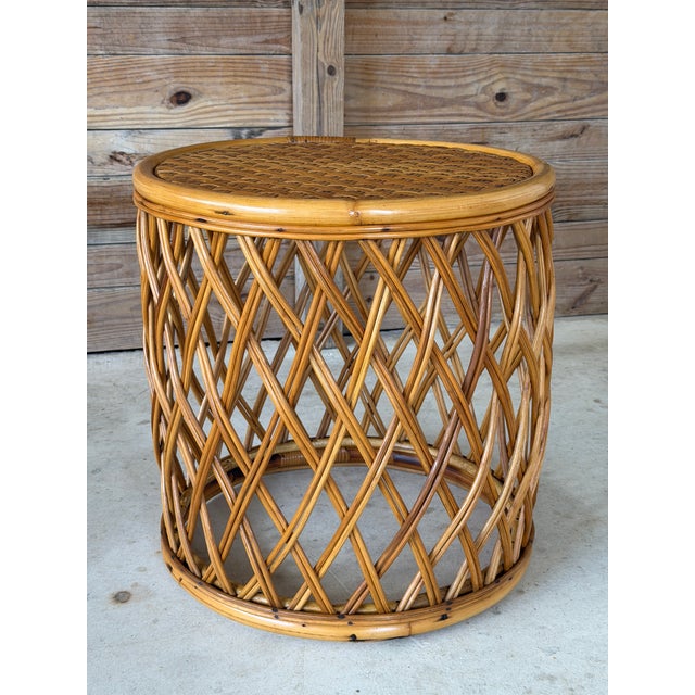 Contemporary Vintage Boho Organic Modern Drum Form Rattan Side Table With Woven Top For Sale - Image 3 of 11