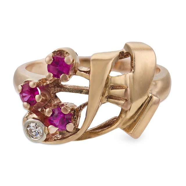 Mid-Century Modern Mid 20th Century Retro Ruby Diamond 14k Rose Gold Ring, Size 4.5 For Sale - Image 3 of 6