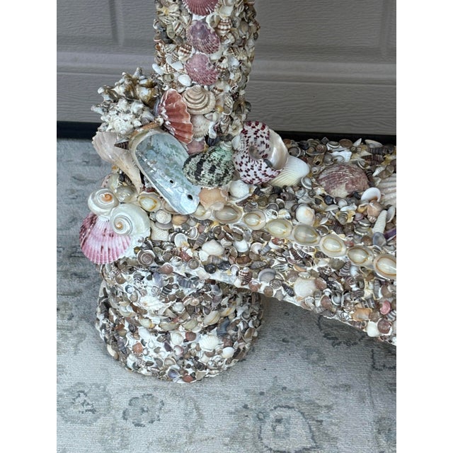Grotto Style Seashell Encrusted Half Moon Console Table With Hand Painted Faux Marble Top For Sale - Image 4 of 14