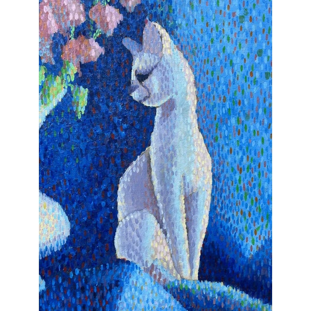 Vintage American Modernist Pointillist Oil Painting of a Cat and Vase of Flowers by Emmalean Baumann For Sale - Image 4 of 9