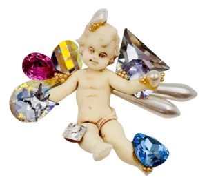 Wendy Gell 80s One of a Kind Runway Cherub & Crystal Brooch