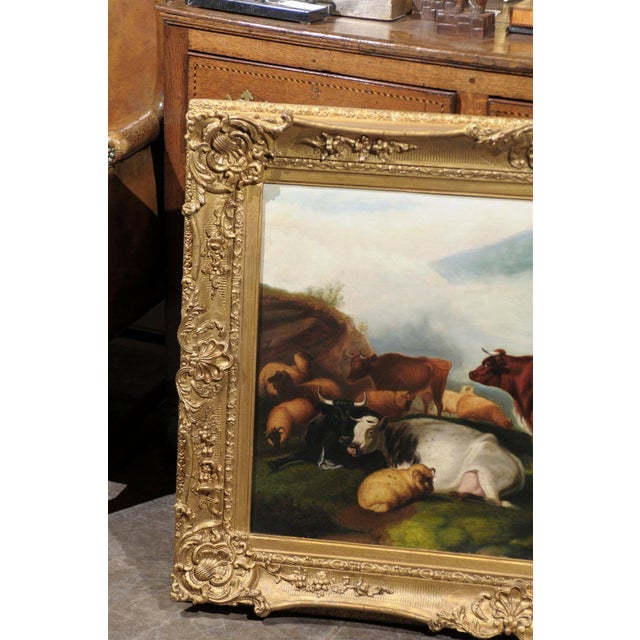 Late 19th Century Large English 1880s Giltwood Framed Pastoral Oil Painting with Cattle and Sheep For Sale - Image 5 of 7