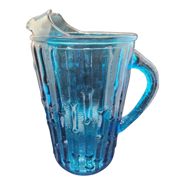 Vintage Anchor Hocking Aquamarine Blue Tahiti Bamboo Glass Pitcher For Sale