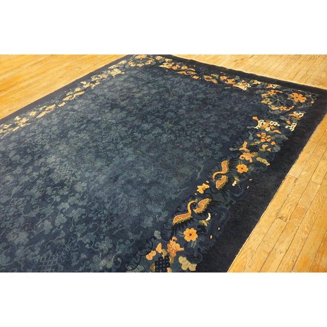 Textile 1920s Antique Wool Allover Floral Rectangle Blue Hand Knotted Pile Peking Rug For Sale - Image 7 of 10