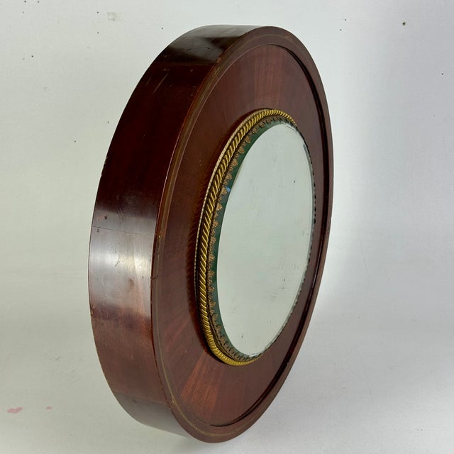 American Fancy Antique Rounded Mirrored Plateau Gallery Tray Sitting Atop a Brass Inlaid Mahogany Platform For Sale - Image 3 of 9
