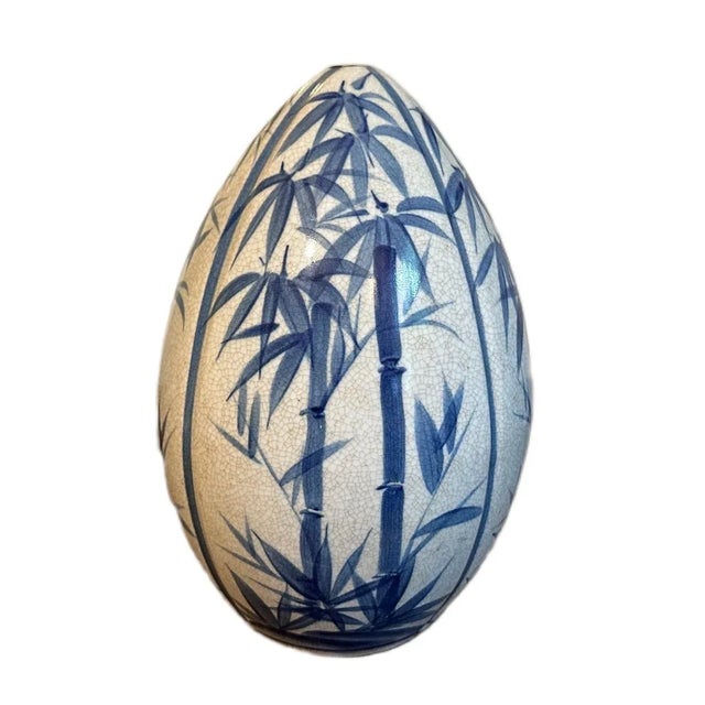 Large Vintage Blue & White Bamboo Motif Ceramic Chinoiserie Egg This is a large Chinoiserie decorative piece, a ceramic...