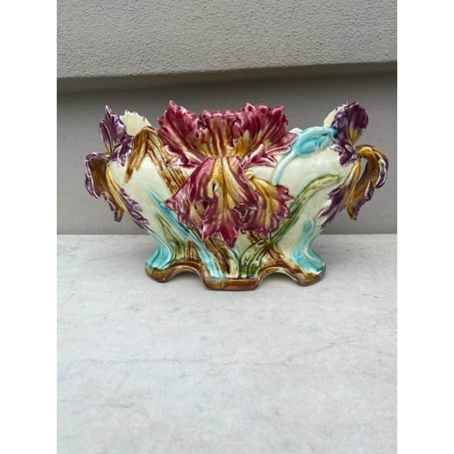 Hot Pink 19th Century French Majolica Iris Jardiniere Onnaing For Sale - Image 8 of 13