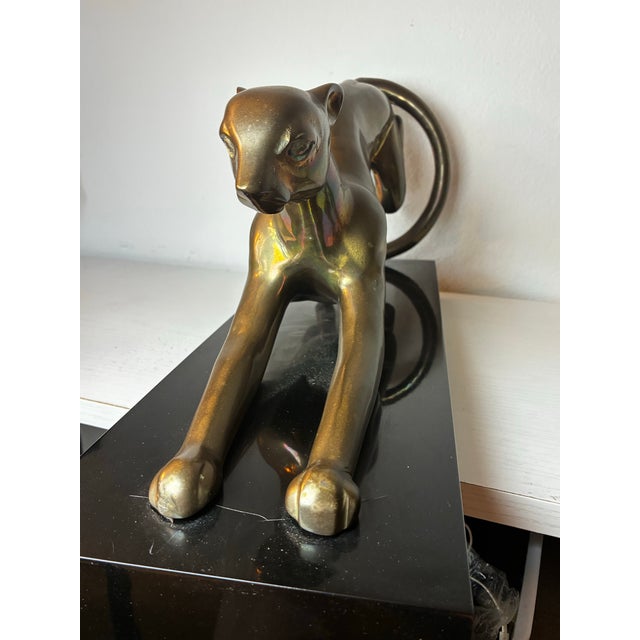 Metal Vintage 1987 Solid Brass Panther Sculpture on Black Base – 23” Long, 14.8 LBS For Sale - Image 7 of 12