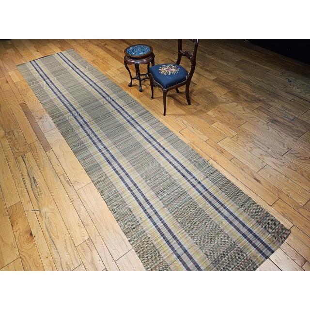 Vintage American Amish Rag Runner, Handwoven Stripe Pattern, Green & Yellow, 3x16 For Sale In Chicago - Image 6 of 18