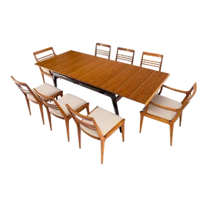 Italian Mid-Century Modern Dining Table 8 Chairs Set New Linen Upholstery Seats - 9 Pieces