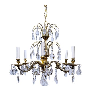 1930's Ornate Bronze Chandelier With Crystal Pendant For Sale