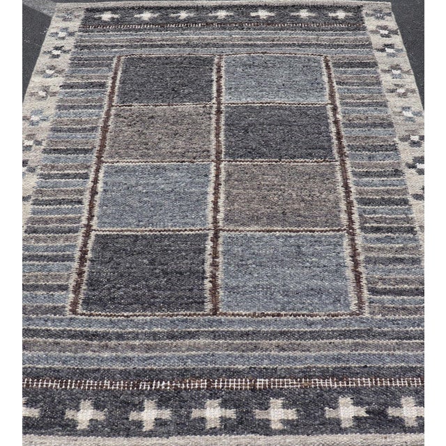 Mid-Century Modern Scandinavian Flatweave Rug by Keivan Woven Arts, Blue & Gray 5'3 X 6'10 For Sale - Image 3 of 13