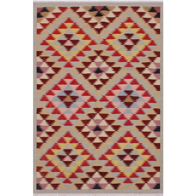 Red Geometric Kilim Red Hand-Woven Wool Rug -4′8″ × 6′4″ For Sale - Image 8 of 8
