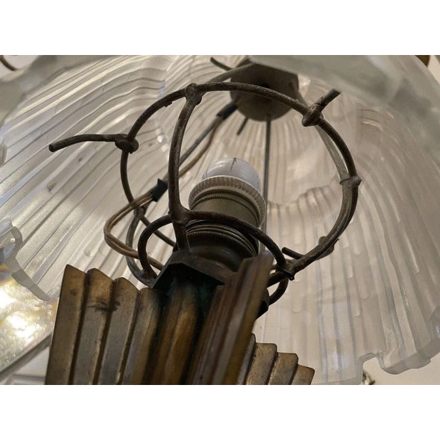 Metal Antique Art Deco Sabino Paris Bronze and Frosted Crystal 3 Light Waterfall Lamp For Sale - Image 7 of 13
