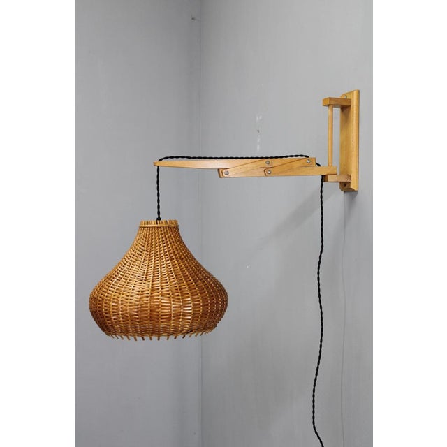 Mid-Century Adjustable Wooden Wall Lamp with Rattan Shade from Lipta, 1970s For Sale - Image 3 of 15