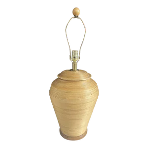 Vintage 1970’s Coiled Rattan Lamp With Oak and Brass Trim in the Style of Gabriella Crespi