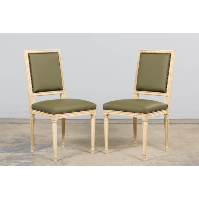 Olive Antique French Louis XVI Style Painted Dining Chairs in Olive Green Leather - Set of 8 For Sale - Image 8 of 18