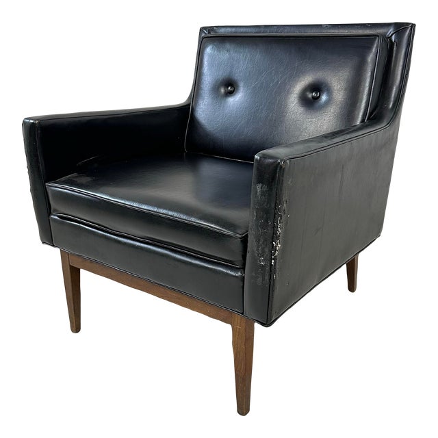 Mid Century Modern Black Vinyl Lounge Chair With Walnut Base Milo Baughman Style For Sale
