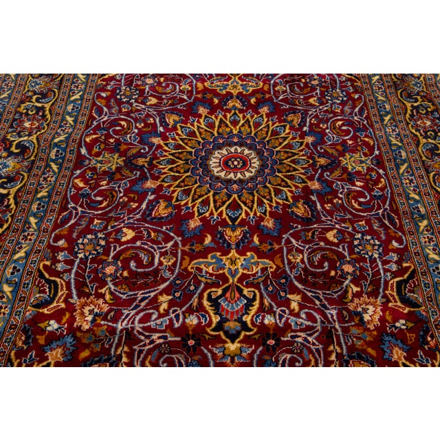 1950s Rosette Designed Vintage Handmade Kashan Wool Rug in Red For Sale - Image 5 of 8