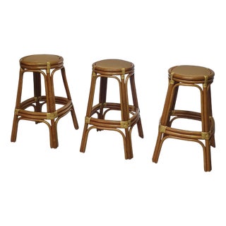 Bamboo Stools with Leather Seats, 1970s, Set of 3 For Sale