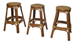 Bamboo Stools with Leather Seats, 1970s, Set of 3