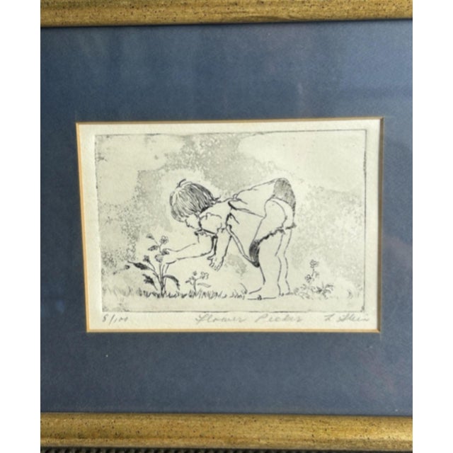 Charming signed limited-edition etching titled Flower Picker by L. Stein, numbered 8/100. This intimate figurative...