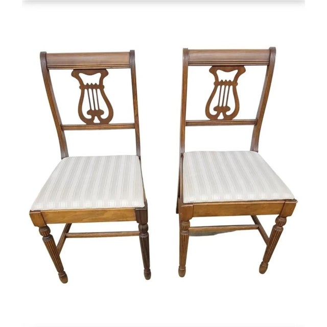 Set of Six 1930s Refinished Lyre-Back Mahogany and Upholstered Dining Chairs For Sale - Image 9 of 12
