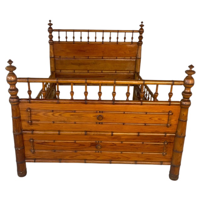 Antique French Faux Bamboo Bed Frame, Stained Pine For Sale - Image 11 of 11