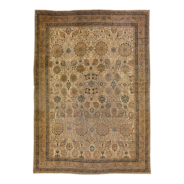 Antique Persian Tabriz Handmade Allover Motif Beige Oversize Wool Rug For Sale