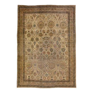 Antique Persian Tabriz Handmade Allover Motif Beige Oversize Wool Rug